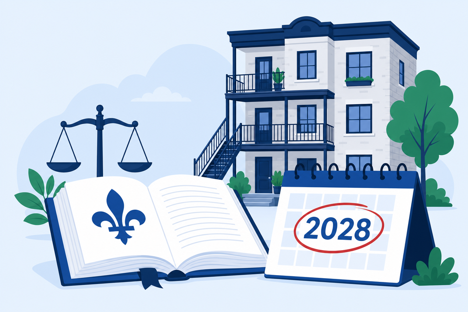 Illustration : livre de loi avec fleur de lys, calendrier 2028 et triplex québécois