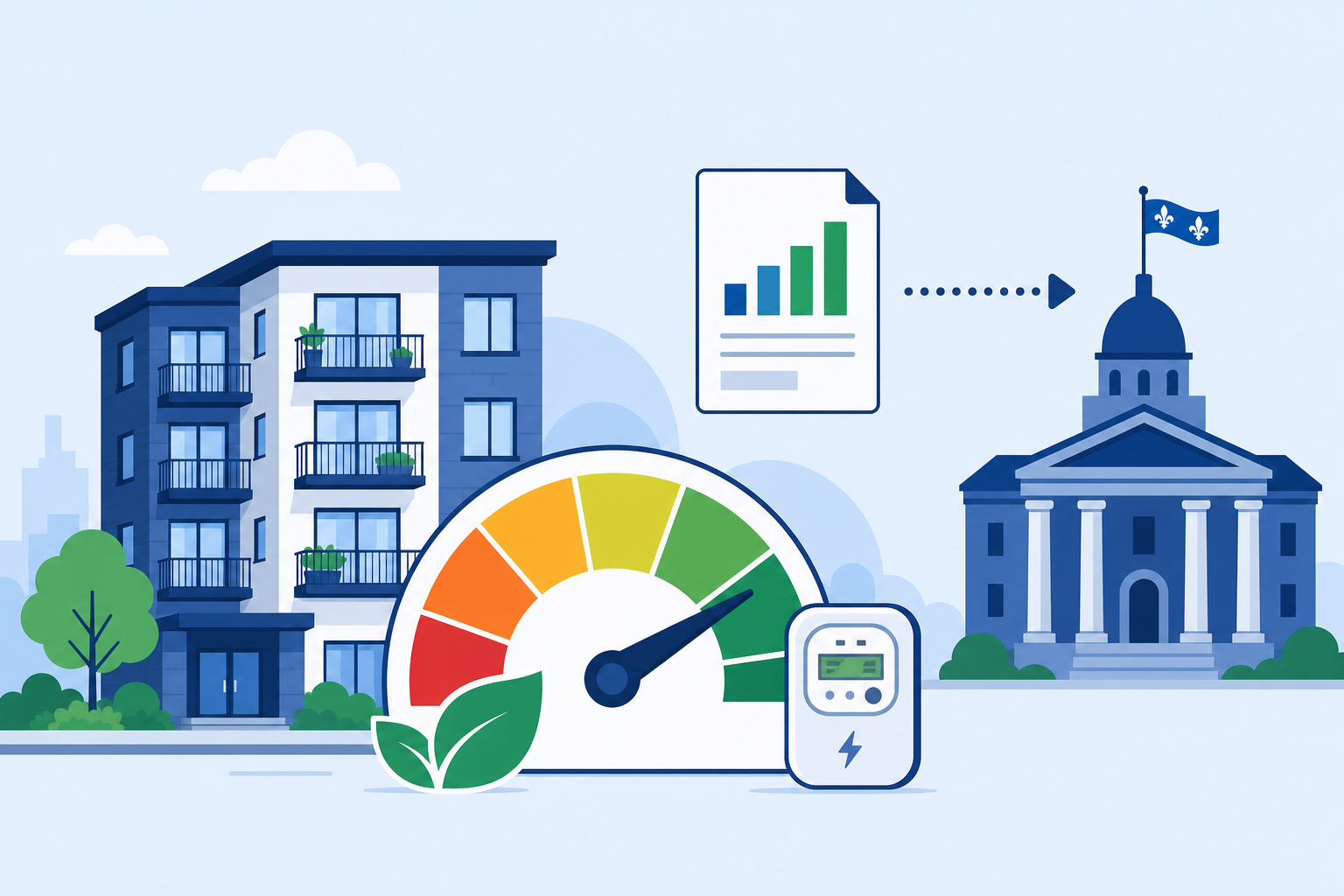 Illustration : immeuble en copropriété avec jauge de performance énergétique et déclaration transmise au gouvernement