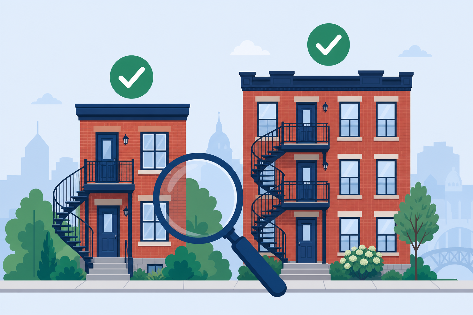 Illustration : duplex et triplex québécois en brique rouge examinés à la loupe
