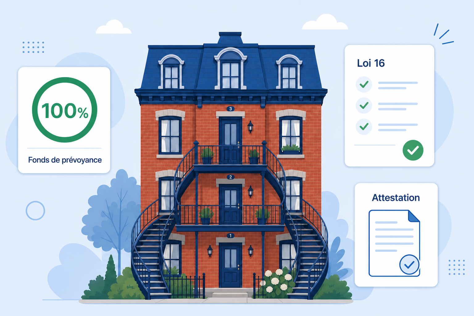 Illustration d'un triplex québécois entouré de cartes montrant la jauge du fonds de prévoyance, la liste de contrôle Loi 16 et l'attestation du syndicat